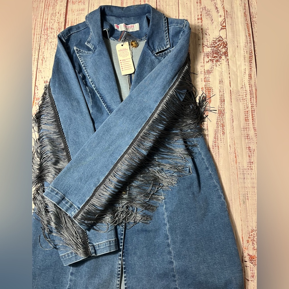 Denim Fringe Longline Jacket - Blue - Picture 4 of 6